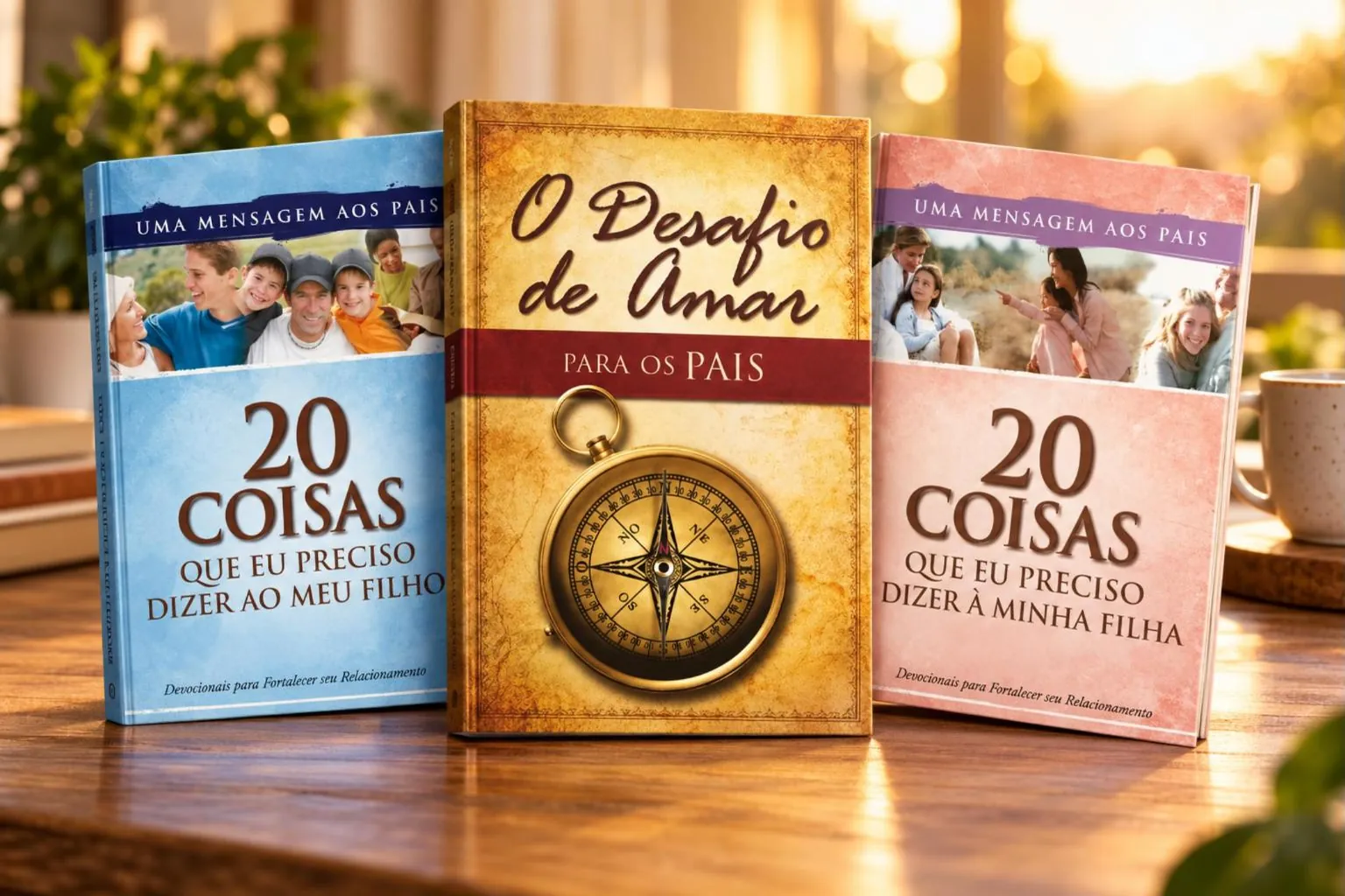 Kit Família: O Desafio de Amar para os Pais e os livros 20 Coisas que Eu Preciso Dizer ao Meu Filho e à Minha Filha sobre uma mesa de madeira